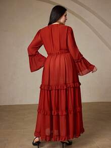 Aveloria Rosie Vintage rot-braunes Chiffon V-Ausschnitt Rüschenärmel Kleid, rot-braunes Chiffon 3-lagiges Rüschen-Saum V-Ausschnitt Rüschen-Design Kleid, elegant & anspruchsvoll, geeignet für Arbeit oder formelle Anlässe, schmeichelhaftes Kleid in Große Größen - Rot - Übersicht 2
