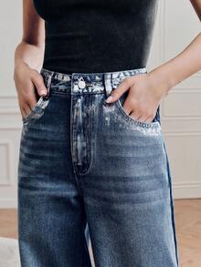 Anewsta 女士时尚魅力银箔浪漫派对蓝色直筒牛仔裤 - 藍色 - 查看 7