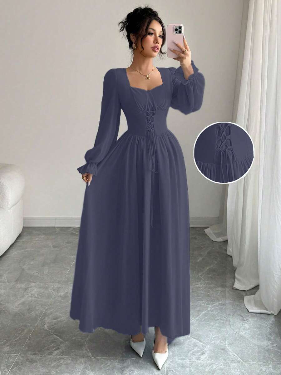 Modelyn Women's Solid Color Sweetheart Neck Flare Sleeve Tie-Waist French Elegant Dress - Blue - View 1