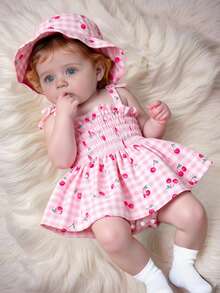 SHEIN 女婴优雅甜美樱桃格子连体衣带帽子套装，夏季