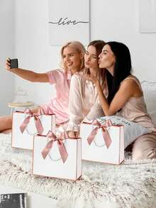 1/5pcs-Landscape-Style Kraft Paper Gift Bags, Shopping Bags, Packaging Bags With Handles, Bow-Decorated Handbags, Trick Or Treat, Halloween, White Large-Capacity Paper Bags, Halloween, Thanksgiving, Christmas, New Year, Wedding, Birthday Gift Packaging Bags - White pink - View 4