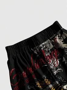 ROMWE Grunge Punk Spring Vacation Graphic Black  Punk Street Tiger, Chinese Style Figure, Calligraphy, Plum Blossom Plant Slogan Pants - Black - View 3