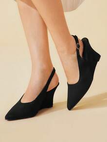 CUCCOO BASICS Sepatu Wanita Modis Warna Hitam, Nyaman, Terbuat dari Kain, Model Slingback dengan Hak Wedges dan Ujung Lancip, Cocok untuk Bepergian, Kencan, Pesta, Liburan, dan Acara Lainnya, Termasuk Hari Valentine. - Hitam - View 2