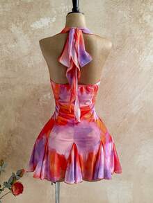 Soleia 女士扎染印花系带荷叶边下摆性感深V领连衣裙，度假款 - 彩色 - 查看 2