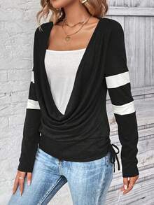 SHEIN LUNE Áo thun nữ phối màu, dáng suông, có dây rút bên hông, in họa tiết. - màu đen - Xem 6