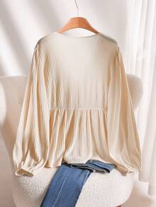 CosyJoli Áo thun dài tay cổ chữ V dáng rộng màu nâu, chất liệu vải dệt họa tiết, dành cho nữ, thích hợp mặc hàng ngày. - Màu be - Xem 2