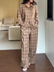 DAZY Women's Plaid Pajama Set, Loose Fit, Suitable For Autumn/Winter And Christmas - Khaki - View 5