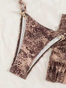Swim Vcay 3pcs/Set Women Swimwear Brown Snakeskin Print Halter Elegant Bikini Set With Short Ruffle Hem Skirt,Summer,Casual,Beach,Vacation,Holiday Party - Multicolor - View 5