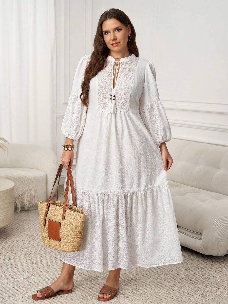 SHEIN LUNE 大码女式印花流苏系领灯笼袖优雅连衣裙 - 白色 - 查看 1