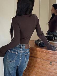 DAZY Sweater Pullover Slim Fit Wanita Kasual untuk Berpergian, Motif Renda Kontras, Musim Gugur/Dingin - Coffee Brown - View 2