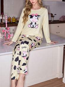 SweetSlumber Cute Cartoon Cow Print Women Pajama Set - Multicolor - View 4