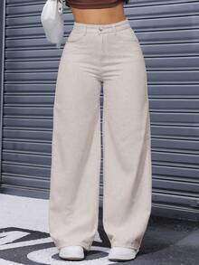 SHEIN ICON Quần jeans ống rộng màu trơn, dáng rộng, đa năng, cỡ lớn, phong cách thường ngày. - Màu be - Xem 4