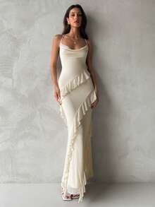 Aloruh 女士优雅性感浪漫荷叶边腰部深V领露背连衣裙，适合约会、毕业典礼、舞会、春夏穿着 - 淡黃色 - 查看 4