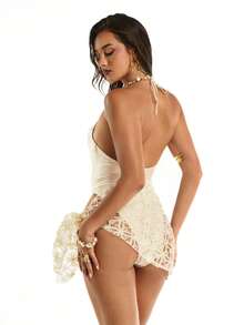 Swim Basics Women's Elegant Satin One-Piece Swimsuit With 3D Floral Fabric Cover-Up, Beach Resort - Beige - View 2
