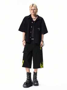 ROMWE MEN Street Life Spring/Summer Casual Graphic Men'S Flame Embroidery Cargo Denim Shorts - Black - View 7