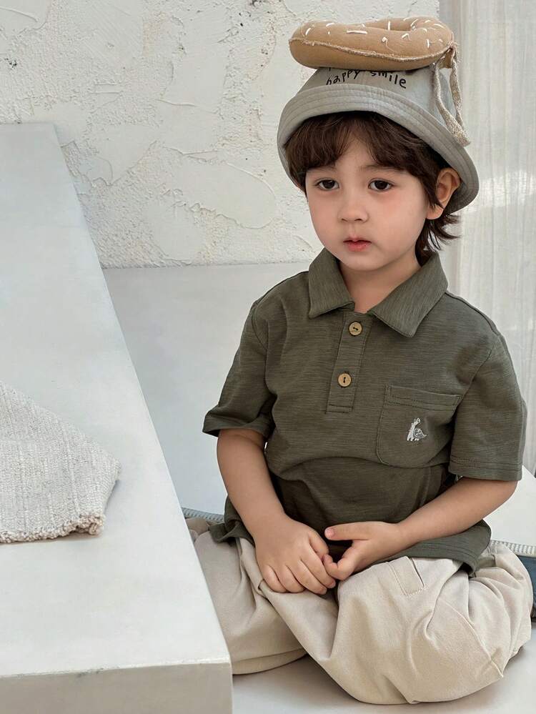 Young Boy Short Sleeve Polo Collar Pocket Design Casual T-Shirt Spring Summer