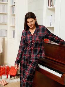 Lazeform Doze Lane Women's Casual Plaid Print Lapel Button-Front Long Sleeve Top & Pannts Pajama Set, Cozy And Elegant Details, Fall Clothes Ladies Nightsuit Lounge Sets, Sleepwear Women Lounge Wear Sets, Women Sleepwear Pajama Sets Winter, Christmas - Multicolor - View 6