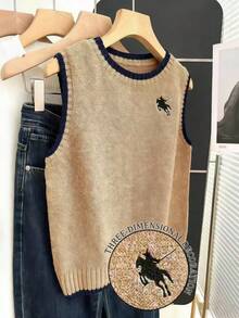 Resyla Women's Regular Loose Fit Round Neck Knight Embroidery Casual Knit Vest - Brown - View 4