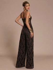 SHEIN BAE 女士蕾丝拼接性感时尚度假派对连体裤 - 咖啡棕 - 查看 2