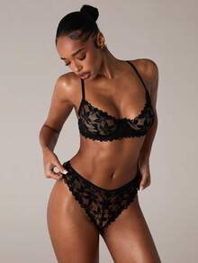 SHEIN BAE 2pcs Romantic Lace Sheer Sexy Lingerie Set - Black - View 4