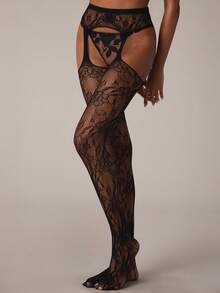 SHEIN BAE Black Mesh Hollow Out Geometric Pattern Tights For Women Lace Stockings Lace Tights Garter Stockings Suspender Stockings - Black - View 2