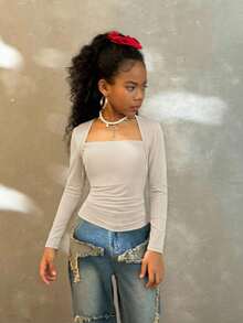 SHEIN Tween Girls Fall Fashionable Snug Fit T-Shirt With Raglan Sleeves, U-Neck, Ruched Waist, Stretchy - Apricot - View 6