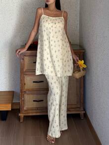 DAZY 花卉雪纺长款吊带背心和宽松睡裤女士睡衣套装