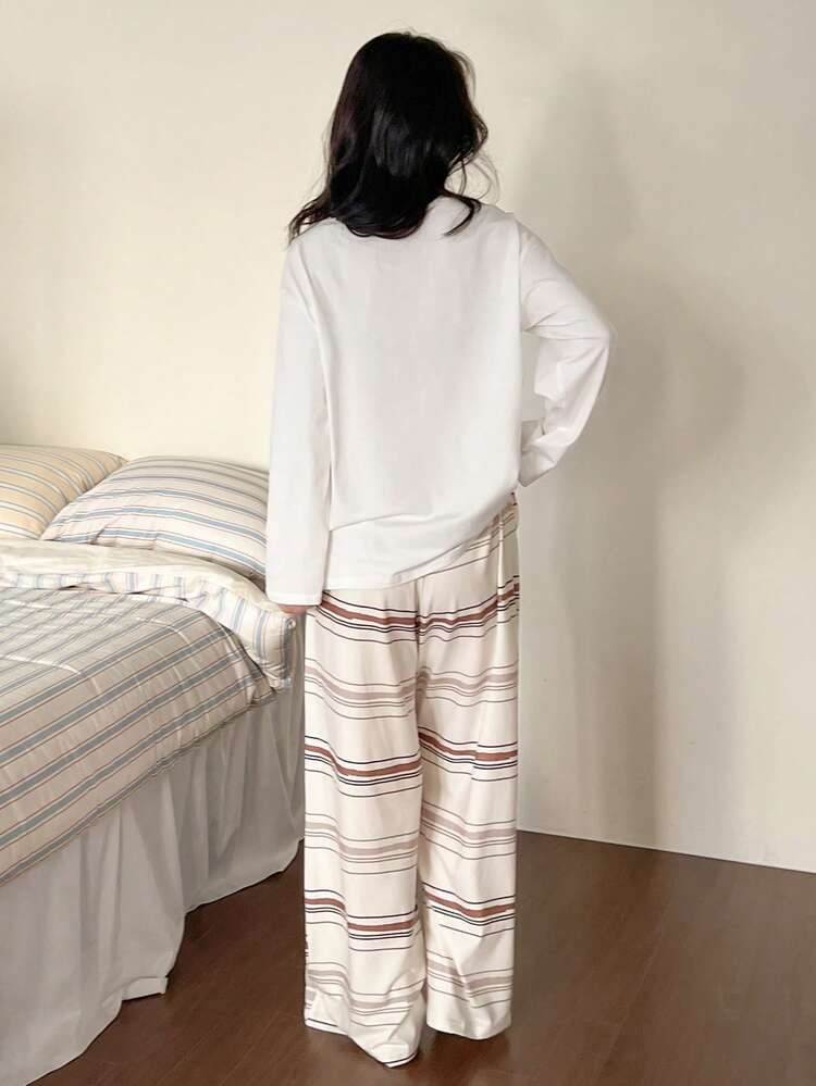 Women's Letter Graffiti & Puppy Print Loose Top And Striped Pajama Pants Sleepwear Set