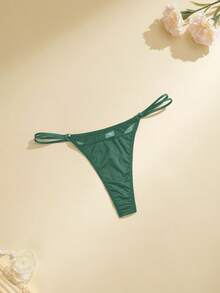 NudeFit 1pc Solid Color Sexy Waist Strap Mesh Splice Women's G-String Panty - Dark Green - View 3