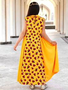 SHEIN Gaun Kasual Minimalis Nyaman Berkerah Motif Bunga Blok Warna untuk Anak Perempuan Remaja - Kuning - View 6