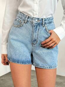 EURMUSE High Waist Front Pocket Detailed Denim Short - Medium Wash - View 5