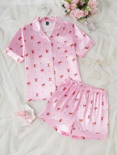 Set de 2 piezas de pijama de pantalón corto y blusa de manga corta con estampado de moño de tafetán para adolescentes, para verano