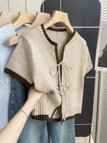 SHEIN Franclia Casual Loose Round-Neck Short-Sleeved Knit Cardigan With Contrasting Edge And Open Front, Women's Spring/Autumn - Khaki - View 1