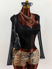 Amplova 2pcs Set Lace Lingerie & Mesh Sheer T-Shirt, Women Top - Black - View 9