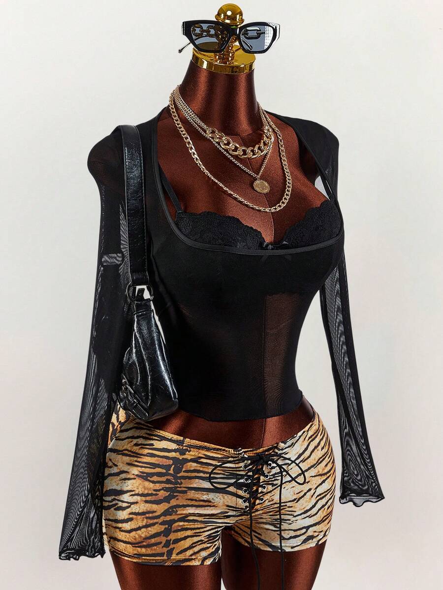 Amplova Set de 2 piezas de lencería de encaje y camiseta transparente de malla, top para mujer - Negro - Ver 1