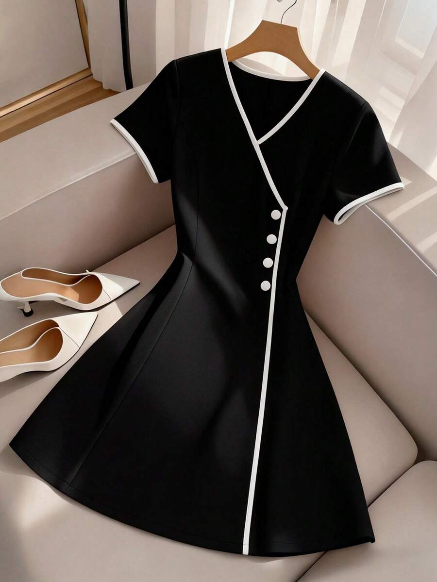 GlowEve CURVE 大码女式撞色A字连衣裙，休闲优雅户外连衣裙 - 黑色 - 查看 1