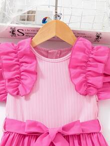 1pc Ruffle Hem Pleated Urban Casual Slim Jumpsuit, Suitable For Outdoor Summer And Gatherings - Hot Pink - View 3