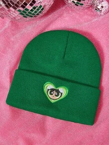 THE POWERPUFF GIRLS X SHEIN 1pc Knitted Beanie Hat With Cartoon Embroidery Pattern, Fashionable Street Riding Gift Choice - A - View 1