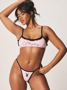 Missguided x Playboy 饰有Logo荷叶边的文胸，黑色撞色包边 - 粉色 - 查看 3