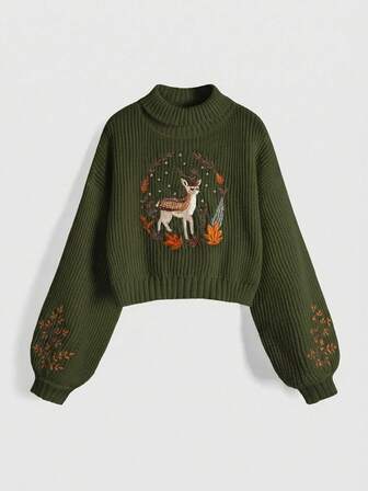Fairycore Damen Pullover in Große Größen im Cottagecore-Stil mit Hirsch-Stickerei, Rundhalsausschnitt, Dropped-Shoulder und Langarm, für Herbst/Winter
