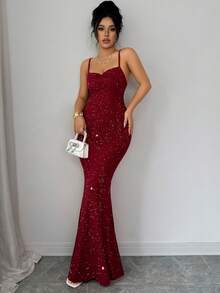 Elenzga petite 女士无袖红色亮片褶皱腰身连衣裙，性感优雅简约魅力浪漫派对装，适合晚宴约会、派对、情人节、春夏穿着。 - 紅色 - 查看 5