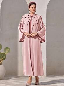 Al Najma 女士刺绣立领喇叭袖优雅阿拉伯风格连衣裙 - 粉色 - 查看 8