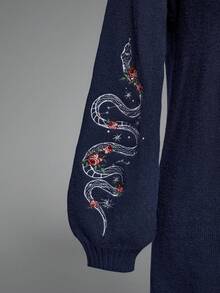 ROMWE SpringblackGothic Snake Embroidery Pullover Sweater Dress For Women - Blue - View 4