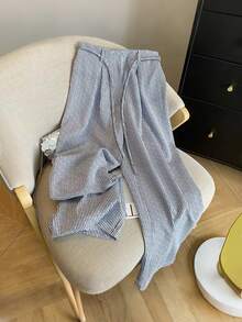 Resyla Women's Simple Woven Striped High Waist With Belt Pockets Straight Leg Casual Pants Grey Pants Drawstring Pants Casual Pants For Women Gray Sweatpants Knit Pants Striped Pants - Black - View 5