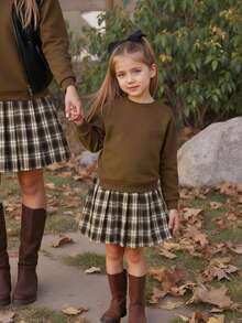 Emery Rose Kids Emery Rose Kids 少女撞色长袖休闲连衣裙，校服裙，卫衣裙，秋冬款 - 棕色 - 查看 10