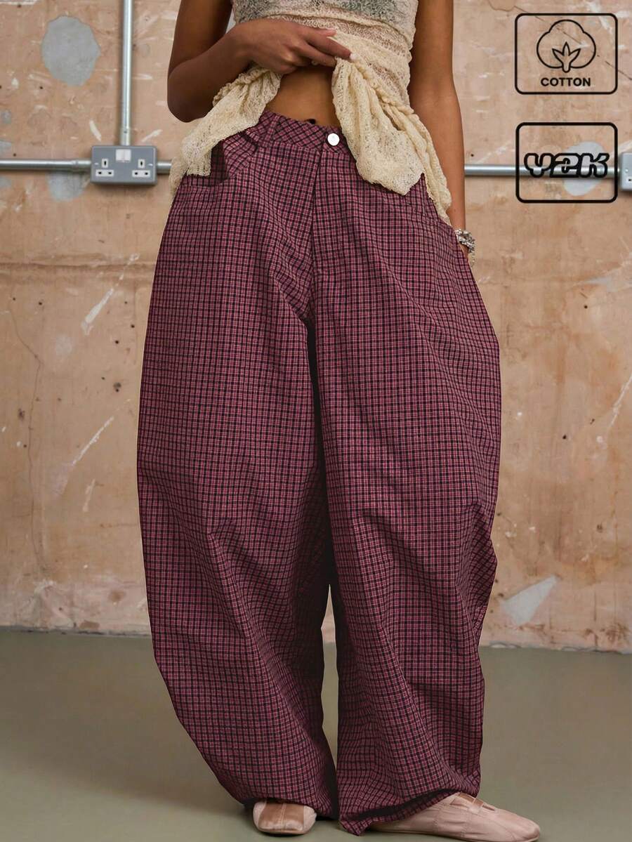 COUREZ Unisex Women Men Low Rise Baggy Barrell Fit Check Trousers Cotton - Red - View 1