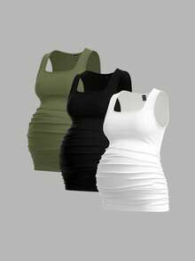 Modmama 3pcs Tank Top Wanita Hamil Warna Polos yang Melangsingkan, Kasual & Sederhana, Sempurna untuk Musim Panas - Hijau Tentara - View 3
