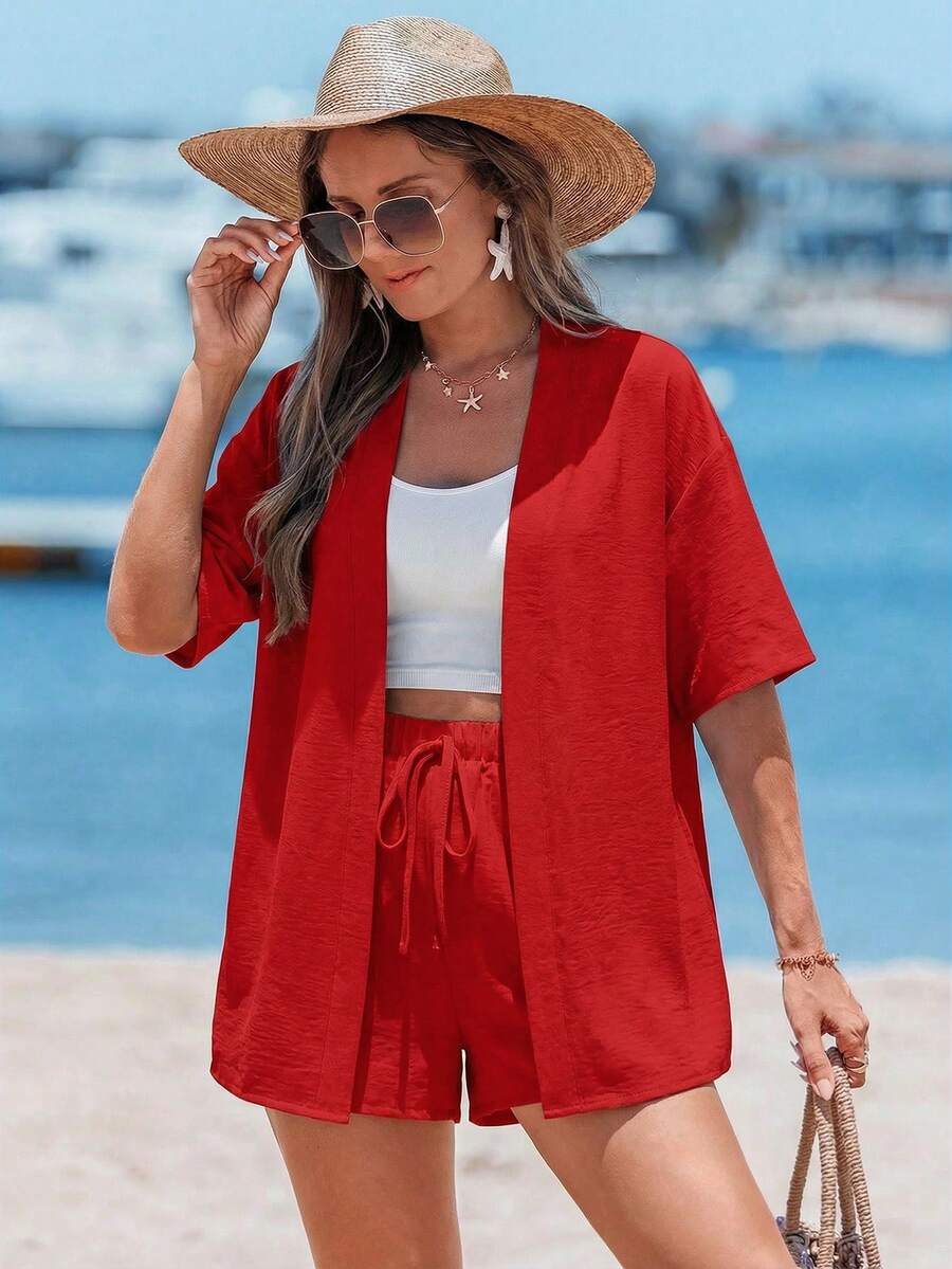 Sylviya 女士休闲纯色短裤套装 女士夏季套装 夏季服装 沙滩装 女士沙滩套装 度假装 女士夏季假日装 红色套装，度假 - 紅色 - 查看 1