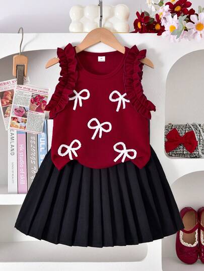2pcs/Set Sweet & Fashionable Girls Outfit, Sleeveless Top With White Bow Decor, Black Pleated Skirt, Cute & Suitable For Daily Wear, Small Gatherings