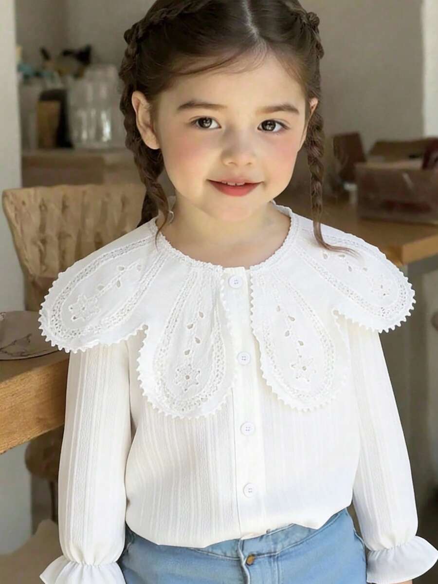 Genkimix Kids 女童优雅刺绣蕾丝荷叶边领长袖纽扣休闲衬衫,公主风,适合上学、通勤、度假、生日派对、春秋季穿着。 - 白色 - 查看 1